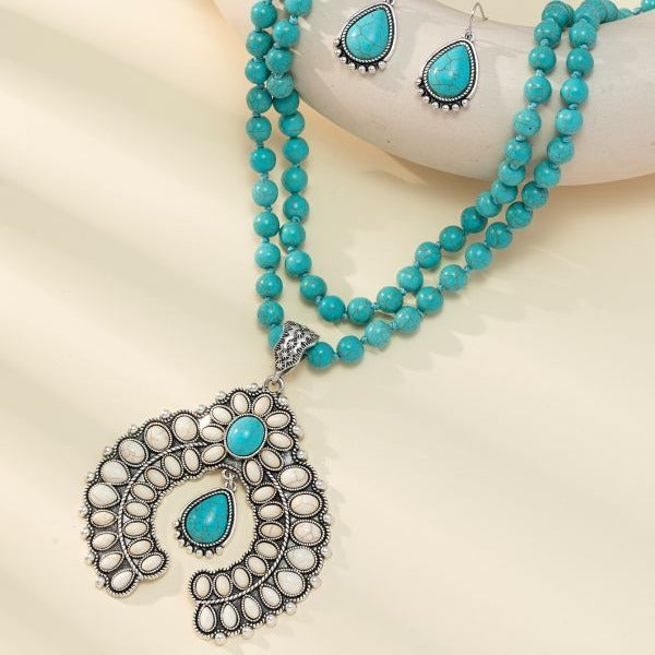 Wholesale Retro three-layer flower earrings turquoise earrings Western style exaggerated turquoise Buddha beads necklace jewelry set